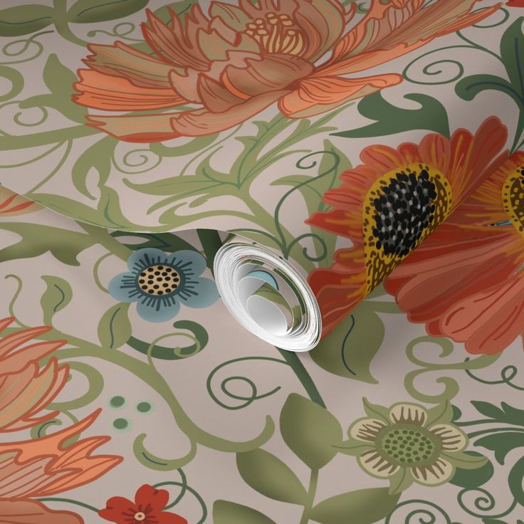 the wallpaper has flowers on it and is painted with orange, pink, green, and blue colors