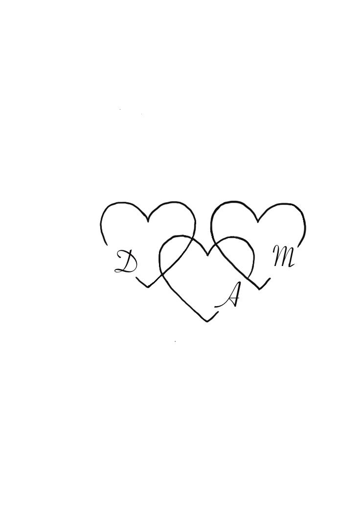 three hearts with the letters m and n on them are drawn in black ink against a white background