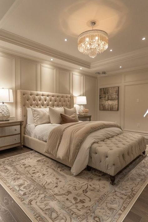 a large bed sitting in the middle of a bedroom next to a chandelier