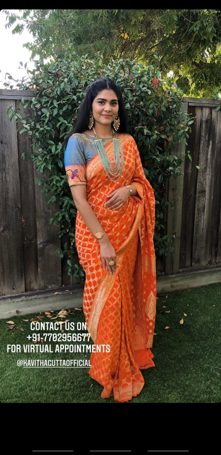 Orange Sarees, Benaras Sarees, Saree Hairstyles, Lehenga Saree Design, Blouse Designs Catalogue, Saree Blouses Designs, Blouse Works, Best Blouse Designs, Half Sarees