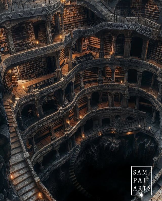 an aerial view of a library with spiral staircases and bookshelves in it