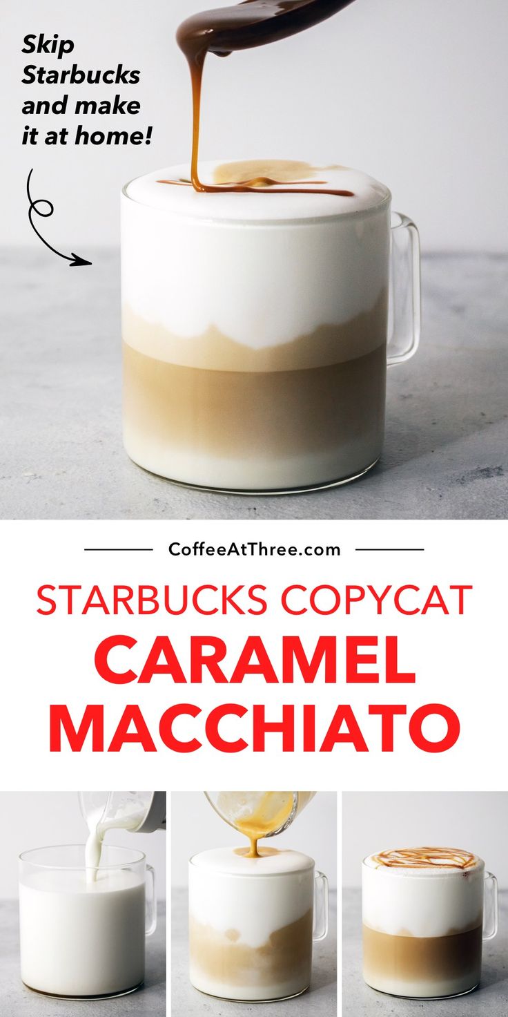 starbucks caramel macchiato is being poured into a cup