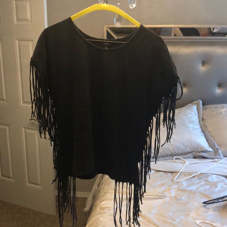 Good For A Country Show! Feels Like Suede! Very Soft And Comfy. New With Tags. It Could Be Really Dark Gray But I Think It’s Black Trendy Black Top With Fringe, Trendy Black Fringe Top, Casual Black Fringe Tops, Casual Fringe Tops For Night Out, Black Fringe Top For Night Out, Dark Gray, Black Gray, Black And Grey, Womens Tops