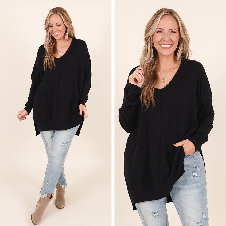 In this top, you'll never miss last year's wardrobe! This sweater has a chic black color you can dress up or down and style with everything in your closet! It's comfortable for all day wear, has a figure-flattering fit, and can be layered with your favorite outerwear! Simply, style this sweater with skinnies and boots for an effortlessly chic look! 50% Viscose, 30% Polyamide, 20% Polyester Plus Size Black Sweaters, Oversized Comfortable Black Sweater, Bohemian Oversized Black Sweater, Oversized Black Distressed Sweater, Black Oversized Batwing Sleeve Sweater, Sweater Black, Black Sweaters, Black Color, Dress Up