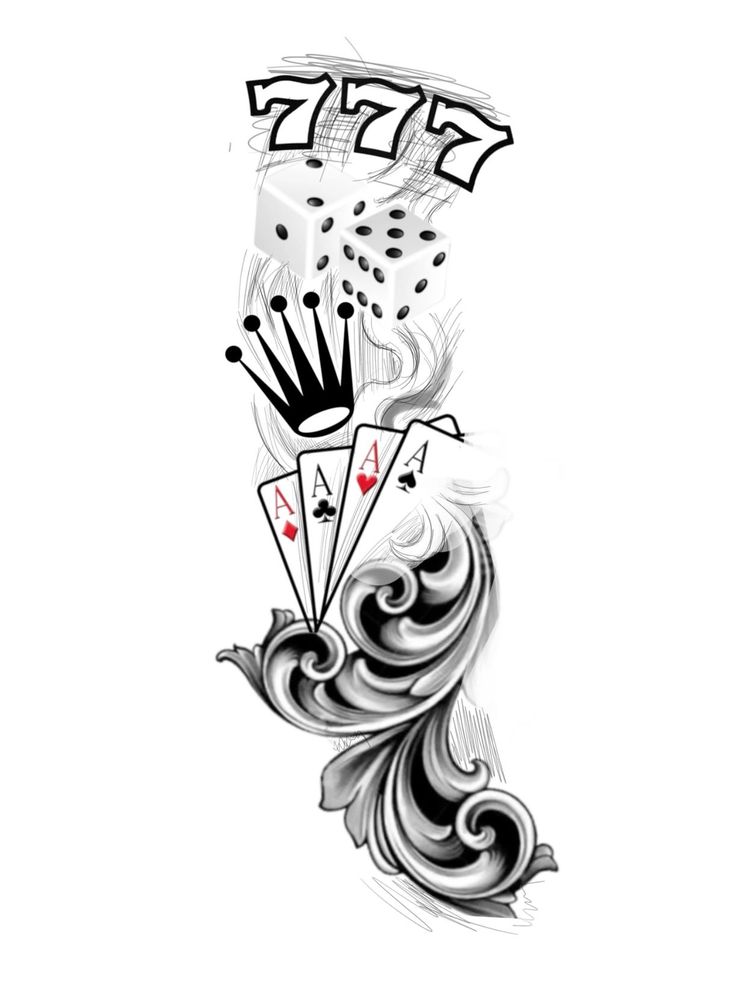 a tattoo design with playing cards and the word'777'in black ink