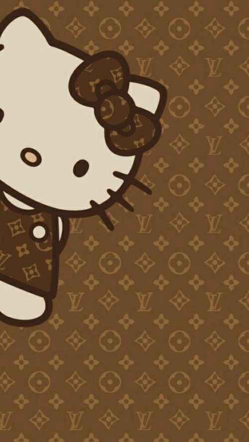 the hello kitty wallpaper is brown and white with an image of a cat on it