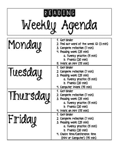 the daily schedule for monday and friday, with words in black ink on white paper