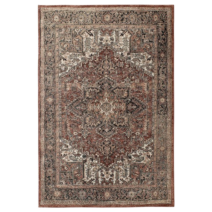 an antique persian rug is shown on a white background with red and black accents,