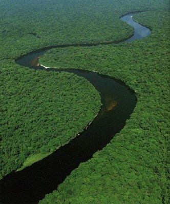 an aerial view of a river running through green grass