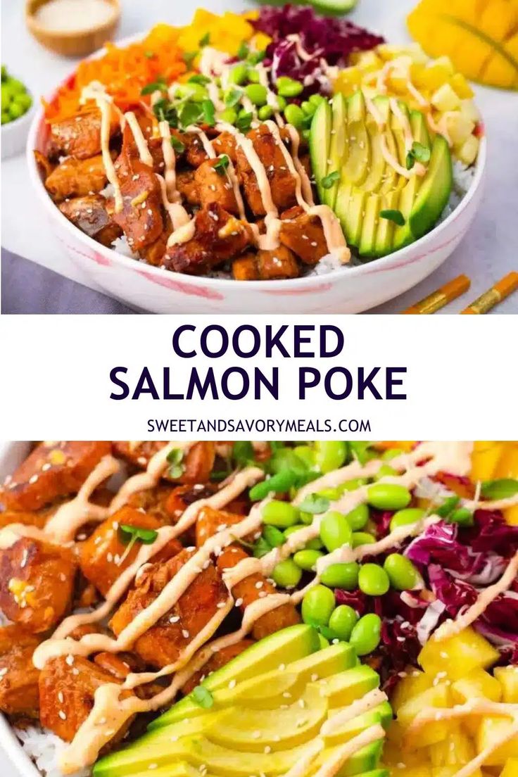 two pictures with different types of food in them and the words cooked salmon poke on top