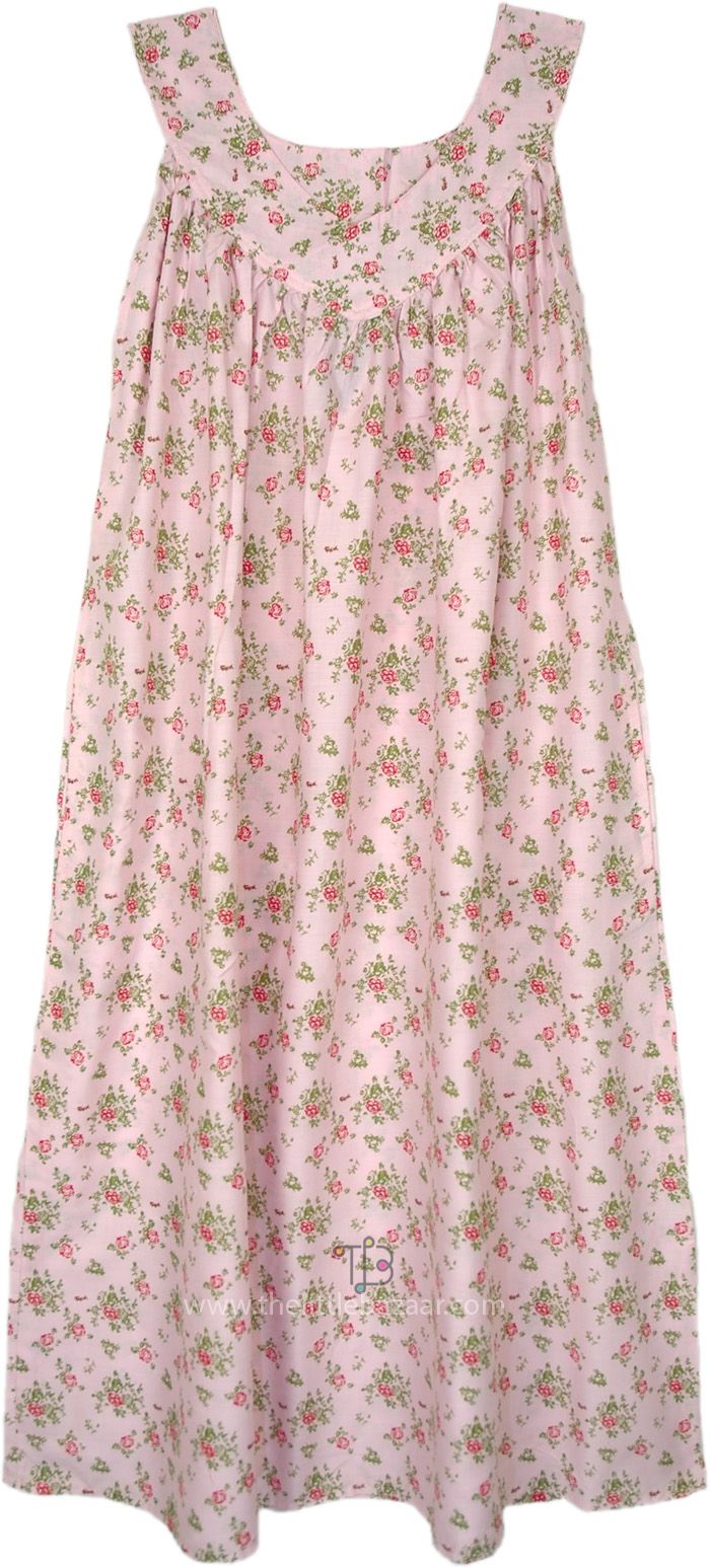 A pink and green floral print on a pink cotton, light weight summer night dress.  A dress to wear around the house or on the beach or for a good night`s sleep in cool comfortable pre cotton. #tlb #Sleeveless #XLPlus #Pocket #Floral #Printed #FloralDress #EasyCottonDress #CottonDressforSummer #CottonNightDress #CottonWomenNightWear Sleep Dresses For Women, Night Dress Cotton, Summer Night Dress, Cute Nightgowns, Cotton Night Dress, Boho Robes, Pink Cotton Dress, Sleeveless Cotton Dress, Baby Clothes Patterns Sewing