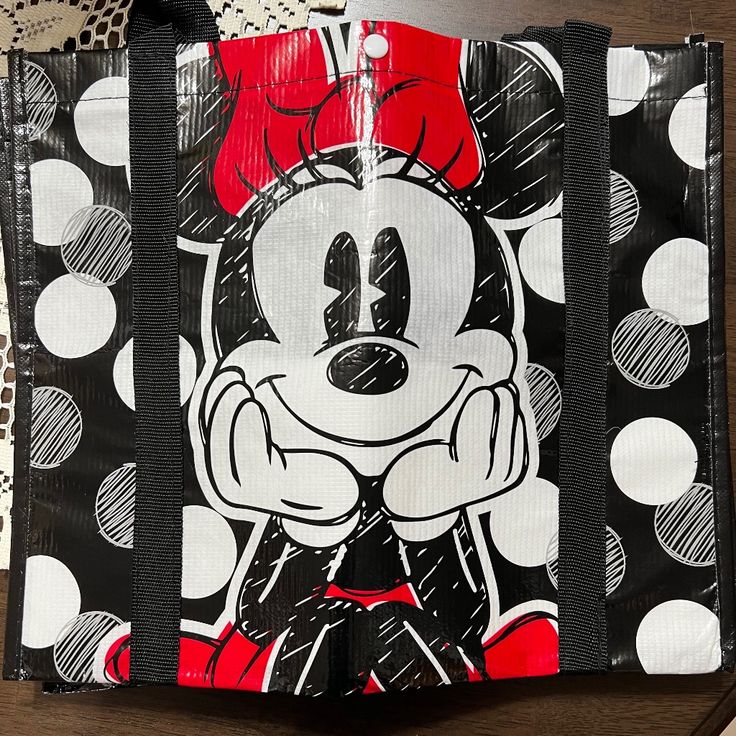 From The Disney Store Brand New Set Of Two Minnie Mouse Shopping Bags Or Everyday Use. Also Collectable Bags. These Bags Have A Snap Closure And Cardboard Bottom. Also Can Be Easy Wipe Cleaned Perfect For The Minnie Fan Size: 14.5 X 12.5 In Color: Black & Red Questions Just Ask Trendy Red Bags For Disney Trips, Disney Style Black School Bags, Trendy Minnie Mouse Bags For Daily Use, Disney Black School Bags, Cute Mickey Mouse Bags As Gift, Black Rectangular Bags With Character Print, Cute Mickey Mouse Bags For Gifts, Cute Minnie Mouse Bags For Everyday Use, Red Minnie Mouse Bag For Daily Use