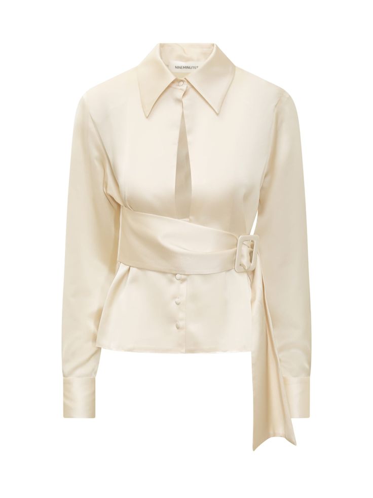 Long-sleeved shirt. Classic collar. Button closure and maxi waistband. Cut-out on the front. Cuffs with buttons.Composition: 97% Polyester, 3% Elastane Chic Spread Collar Blouse For Evening, Chic Evening Blouse With Spread Collar, Spring Evening Blouse With Button Closure, Elegant Belted Blouse For Spring, Elegant Spring Belted Blouse, Chic Fitted Belted Blouse, Elegant Belted Blouse For Work, Belted Blouse For Workwear, Luxury Spring Blouse With Button Closure