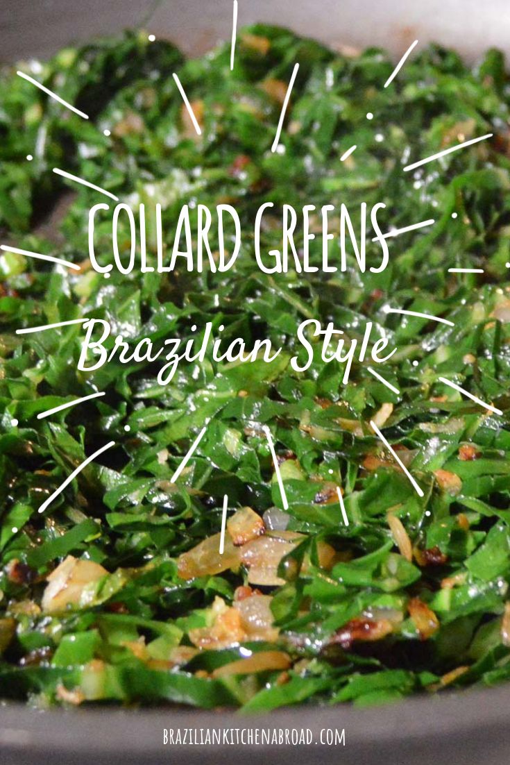 collard greens in a bowl with text overlay that says collard greens brazilian style