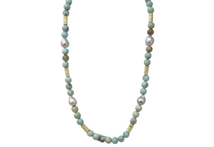 18k Yellow Gold Necklace with Silver Pearls and Blue Agate. Luxury Turquoise Single Strand Jewelry, Luxury Necklaces With Round Natural Stones, Luxury Necklaces With Natural Stones, Luxury Necklace With Round Natural Stones, Luxury Agate Gemstone Beads Necklace, Gold Single Strand Agate Necklace, Luxury Agate Necklace With Natural Stones, Luxury Agate Gemstone Necklaces, Luxury Agate Gemstone Necklace