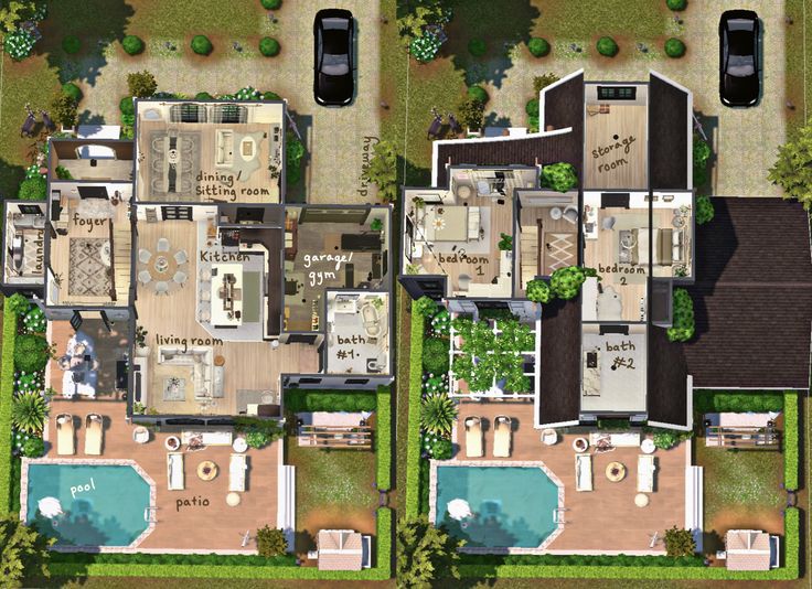 an aerial view of two large houses