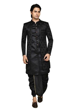 Black sherwani featuring leaf pattern. Paired with a solid sleeveless inner kurta and dhoti pant. - Aza Fashions Transitional Black Sherwani With Cutdana, Black Kurta With Cutdana Traditional Drape, Ceremonial Black Sherwani With Cutdana, Black Churidar With Cutdana For Wedding, Black Cutdana Churidar For Wedding, Black Bandhgala With Cutdana For Festive Occasions, Elegant Sherwani With Zari Weaving For Festive Occasions, Elegant Eid Sherwani With Zari Weaving, Festive Black Sherwani With Cutdana