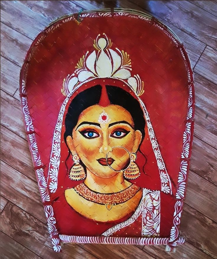 a painting of a woman in red and gold on a wooden floor with white trim