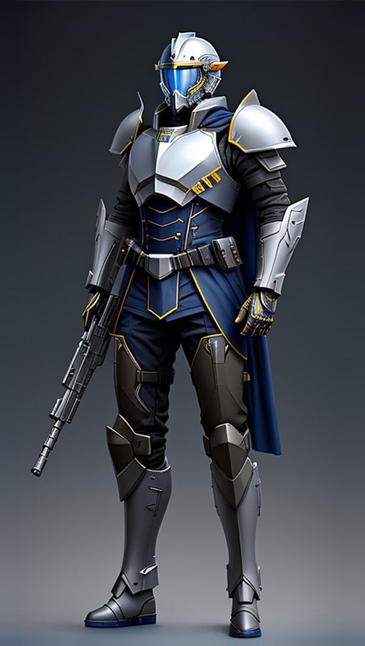 Epic illustration of the entire body of a high elf sci-fi soldier clutching a light machine gun while standing by a lake in sci-fi elven armour in navy blue, yellow, and white. Sci Fi Elf Soldier, Sci Fi Soldier Armor, Sci Fi Royal Guard, Sci Fi Guard, Body Guard Character Design, Sci Fi Soldier Character Art, Elven Soldier, Sci Fi Shield, Sci Fi Clothing Concept Art