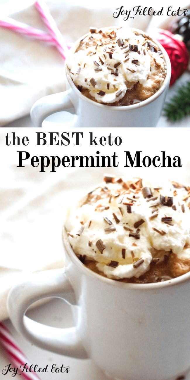 the best keto peppermint mocha is served in white mugs with candy canes