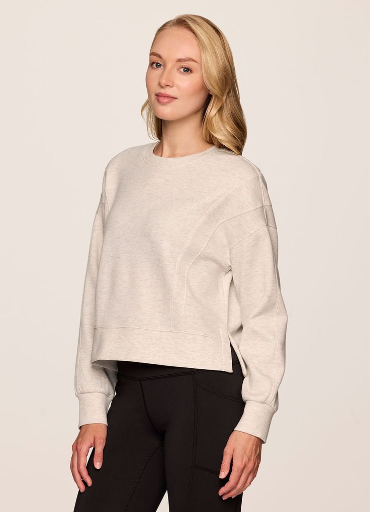 Our In The Studio Cropped Pullover combines a classic crewneck design and super soft, trendy scuba fabric for a lightweight pullover you can take from studio to street. A slightly cropped length is complemented by a relaxed fit, dropped shoulders and sporty seaming detail that allow for easy styling and layering. Throw this cute crop sweatshirt over a sports bra for a workout or pair it with jeans for a casual-cute look. Cropped Pullover, Scuba Fabric, Crewneck Design, A Workout, Crop Sweatshirt, In The Studio, The Studio, Drop Shoulder, Layering