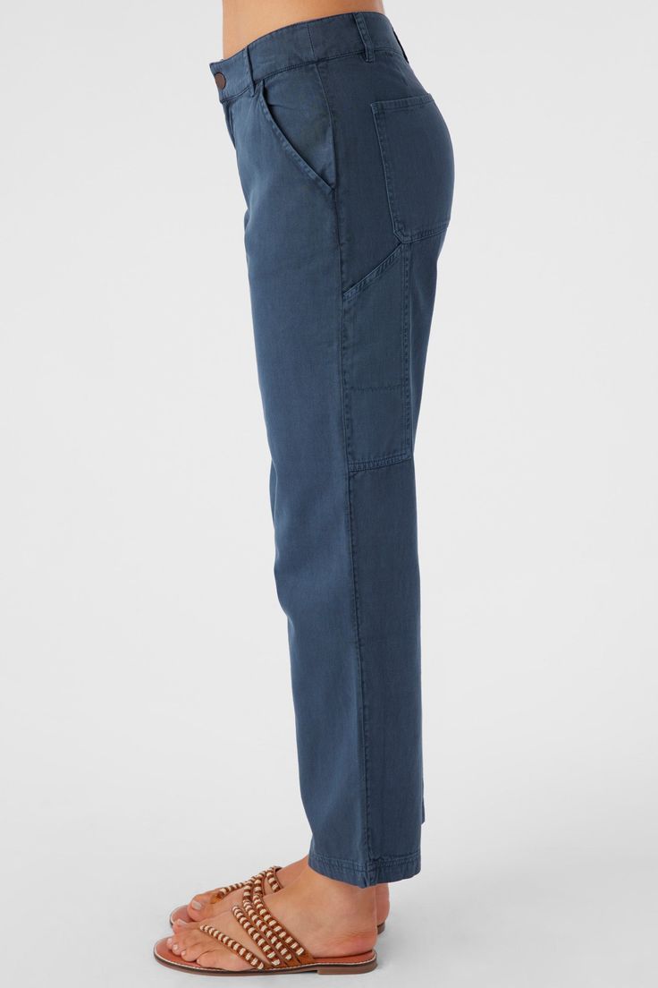 Essential woven cargo pant that has a premium cotton-twill design, straight leg fit and utility pocket detail. O'Neill Women's woven cargo pant 29" Inseam 10" Rise Cargo Pockets at side with back patch pockets Utility pocket on back leg Solid color wash 100% Cotton twill Utility Style Tapered Leg Chinos With Side Pockets, Utility Tapered Leg Chinos With Side Pockets, Utility Chinos With Tapered Leg And Side Pockets, Utility Chinos With Cargo Pockets, Mid-rise Cargo Pants With Patch Pockets For Workwear, Utility Style Cargo Pants With Straight Hem, Relaxed Fit Cropped Cargo Pants With Welt Pockets, Utility Mid-rise Work Pants With Patch Pockets, Utility Straight Leg Cargo Jeans With Welt Pockets