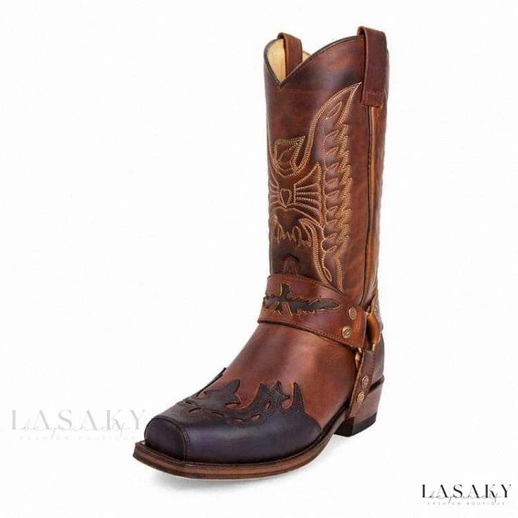 Lasaky - Embroidered Leather Boots with Square Toe and Low Heel: A Stylish Addition to Your Wardrobe Red Bridal Shoes, Shape Party, Boot Covers, Brown Riding Boots, Short Leather Boots, Low Heel Boots, Buckles Fashion, Equestrian Boots, Elegant Heels