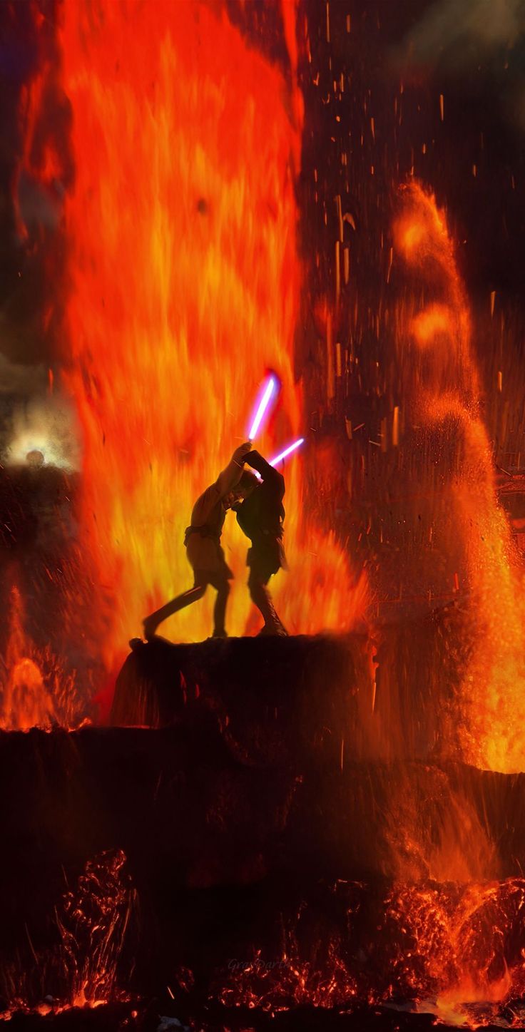 a scene from star wars the old republic with lightsaben and sith in front of fire