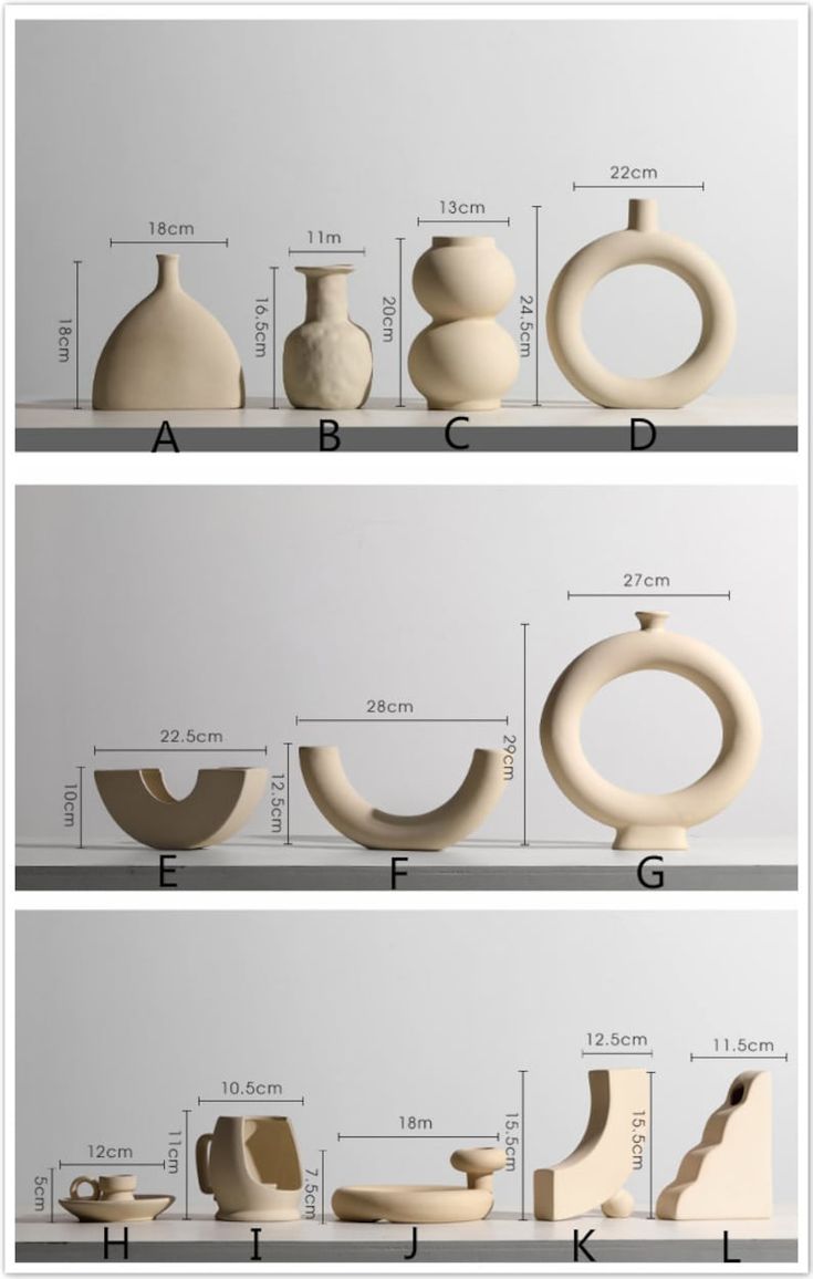 three different types of vases are shown on the same shelf, one is white and the other is beige