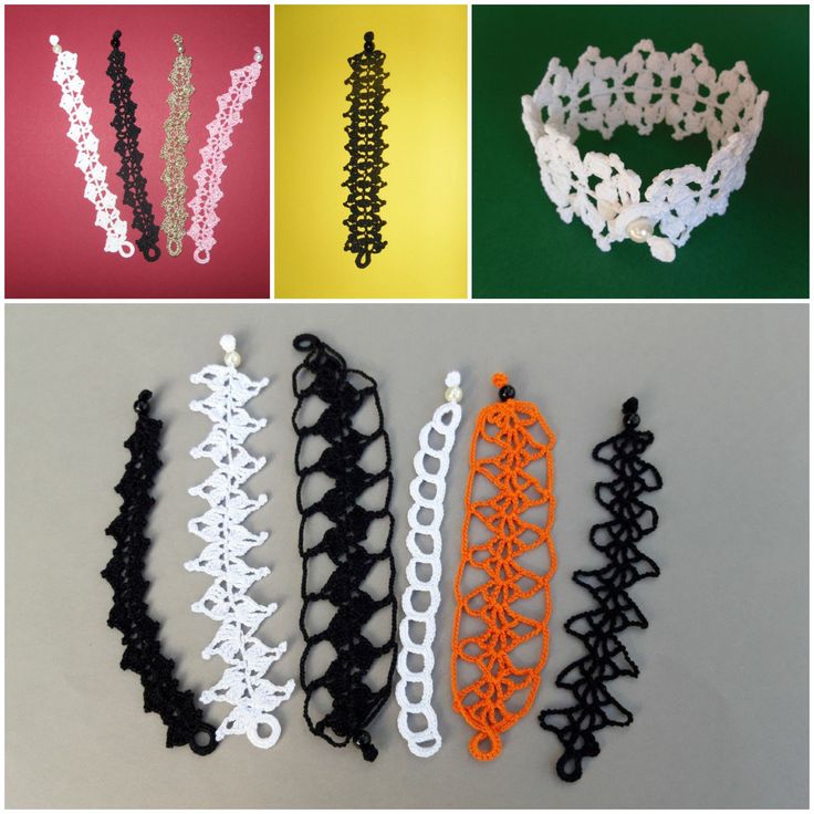 four different types of crochet bracelets with black, white and orange beads