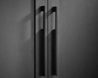 a black and white photo of two doors with handles on each door, one is open