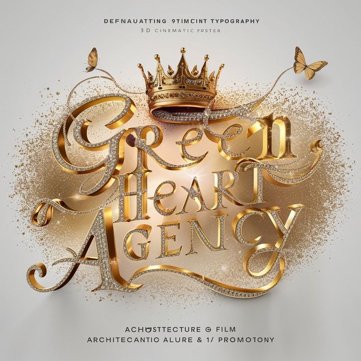 the poster for green heart agency featuring gold lettering and a crown on top of it