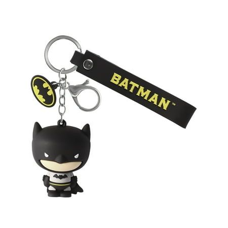 a batman keychain with a black and yellow logo on it