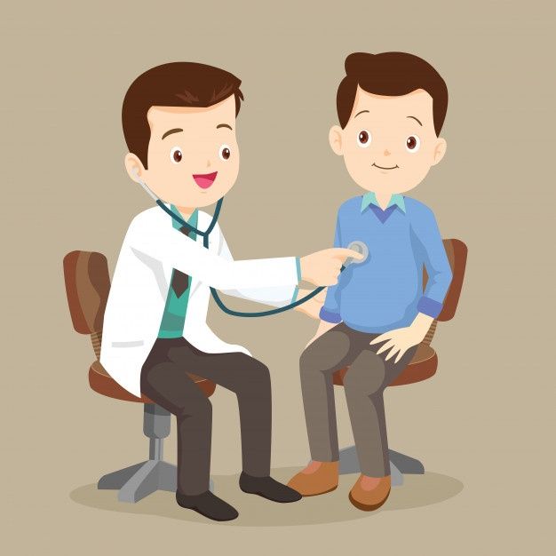 two men sitting in chairs and one is holding a stethoscope to the other man's chest