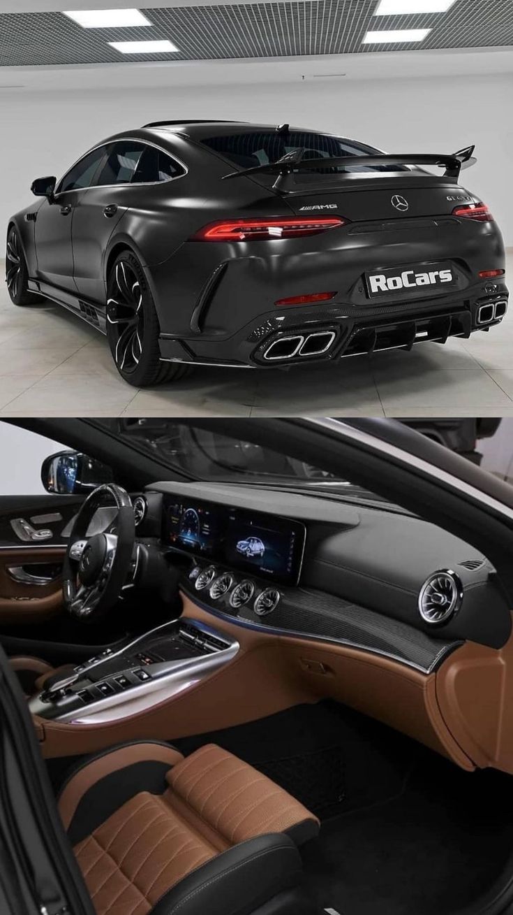 the inside and outside view of a black sports car with brown leather seats in a showroom