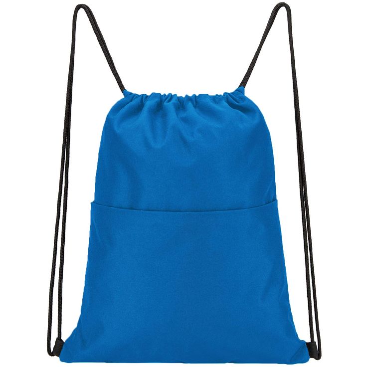 a bright blue drawsack bag with black straps on the front and back ends,