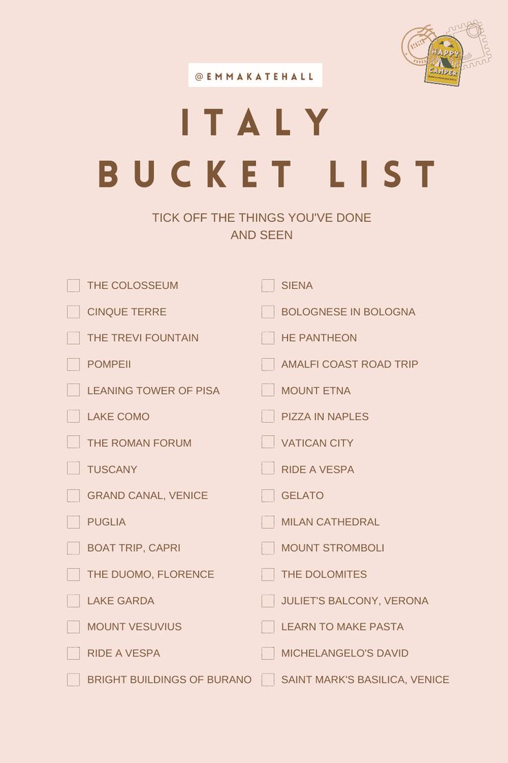 the ultimate italy bucket list is shown in pink and white, with text that reads it '