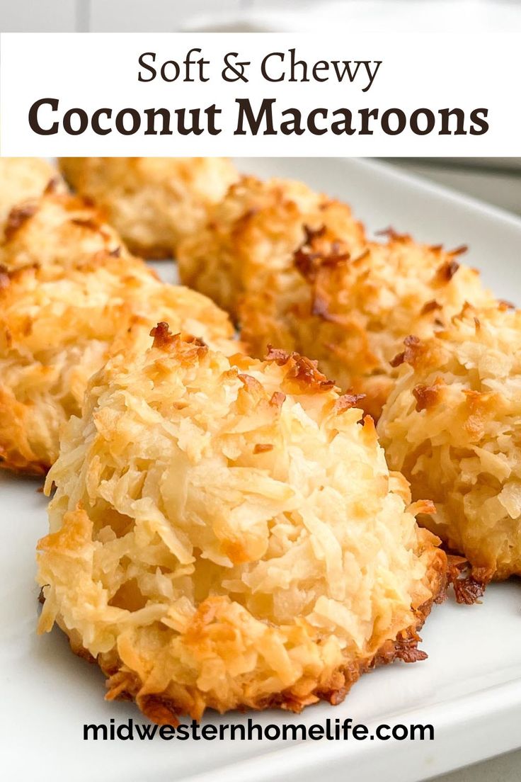 three coconut macaroons on a white plate with the title in the middle above it