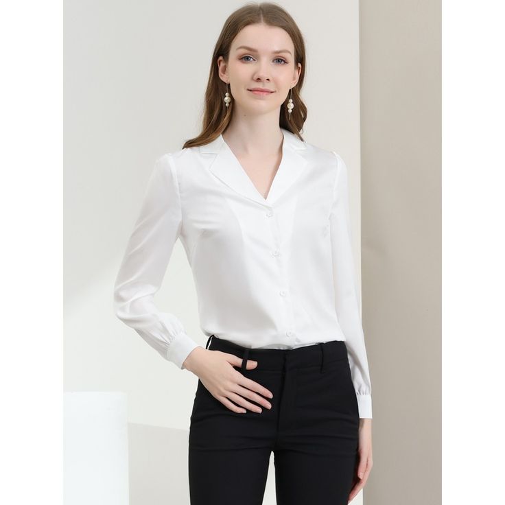 Complete your chic style with this satin button-up shirt. This satin button-up shirt features button cuffs and a notch collar perfectly. Pair it with jeans and work pants for your casual chic look. To create an elegant image with a classic design. Look smart and classic in this shirt finished with solid color fabric. With shiny and smooth fabric, this satin shirt makes you look elegant and romantic. Satin Button Down Shirt, Satin Button Up, Business Casual Shirts, Satin Shirt, Work Office, Corsets, Shop Blouses, Shirt White, Chiffon Tops