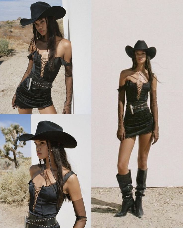 Cowboy Fringe Outfit, Noah Cyrus Concert Outfit Ideas, Rodeo Festival Outfit, Dark Cowgirl Costume, Goth Cowgirl Costume, Cowboy Coachella Outfit, Disco Pool Party Outfit, Hacienda Fashion, Western Coachella Outfit