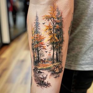 a man's arm with a forest scene and deer in the woods on it