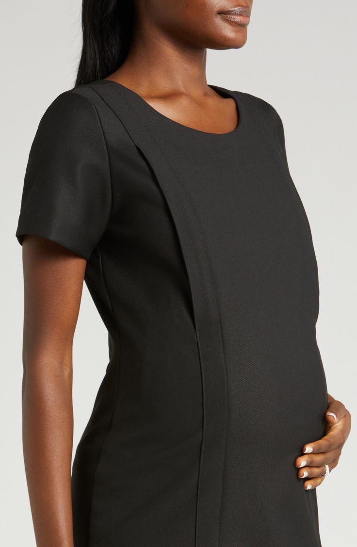 This maternity dress is a remix of a classic A-line design, featuring a sheath silhouette and stretch built for every phase ofpregnancy. Hidden zips under princess seam allow for discreet breastfeeding access. 38 1/2" length Jewel neck Back zip closure Short sleeves 38% recycled polyester, 36% polyester, 21% viscose, 5% elastane Hand wash, dry flat Imported Maternity Dress Accessories, Nursing Dress Breastfeeding, Nursing Sweater, Nursing Friendly Dress, Breastfeeding Dress, Aesthetic Galaxy, Breastfeeding Clothes, Maternity Nursing Dress, Nursing Mother