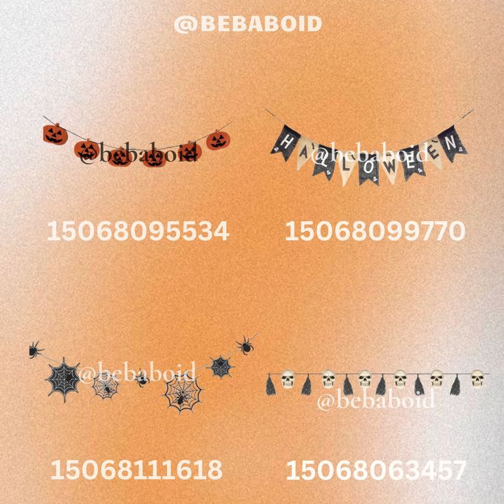 bloxburg, roblox, decals, halloween, autumn, bloxburgupdate, halloweendecals, custumdecals, garlands, spooky, ghosts, webs, pumpkin, skull Bloxburg Halloween, Halloween Garlands, Fall Decal, Rh Design, Bloxburg Decals Codes Aesthetic, Roblox Decals, Blocksburg Room Ideas￼, Roblox Image Ids, House Decals