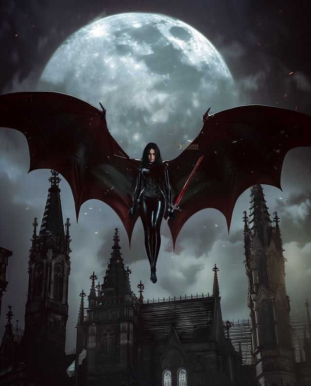 a woman dressed as a vampire flying over a gothic castle with the moon in the background