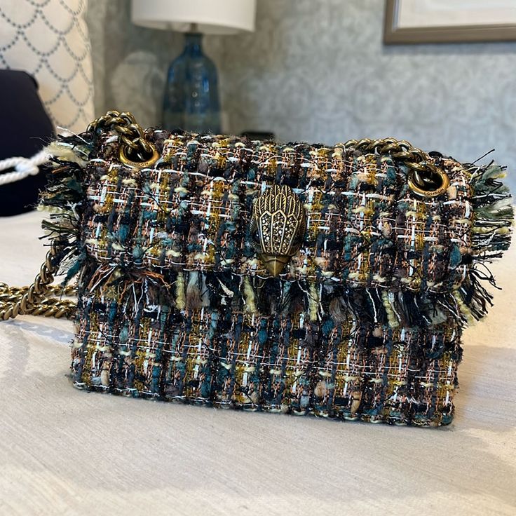 Tweed Evening Bag, Used Once Luxury Tweed Shoulder Bag, Luxury Tweed Crossbody Shoulder Bag, Luxury Woven Bags As Fashion Accessory, Chain Strap Bag, Strap Bag, Kurt Geiger, Green Gold, Chain Strap, Green And Gold