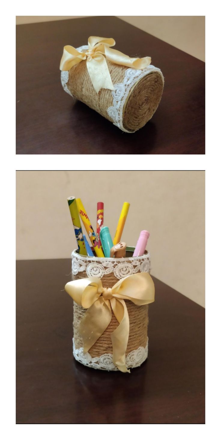 two pictures show the inside of a jar with pens and pencils in it