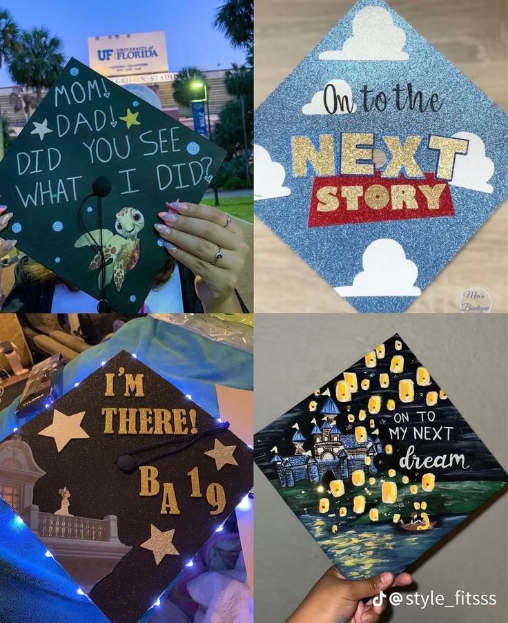 four graduation caps that say, on to the next story