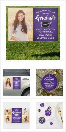 Custom Purple and White Graduation Announcements, Party Invitations, Decorations, Gifts and Supplies with Personalized Photos and Wording Silver Invitations, Calligraphy Modern, Silver Invitation, Minimalist Typography, Script Calligraphy, Graduation Party Supplies, Notes Gift, The Graduate, Graduation Celebration