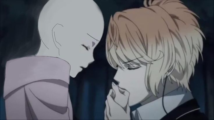 two anime characters facing each other with one looking at the other's ear and nose