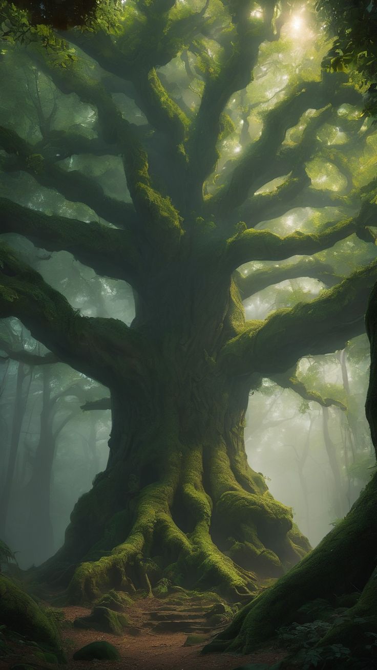 a large tree with moss growing on it's trunk in the middle of a forest